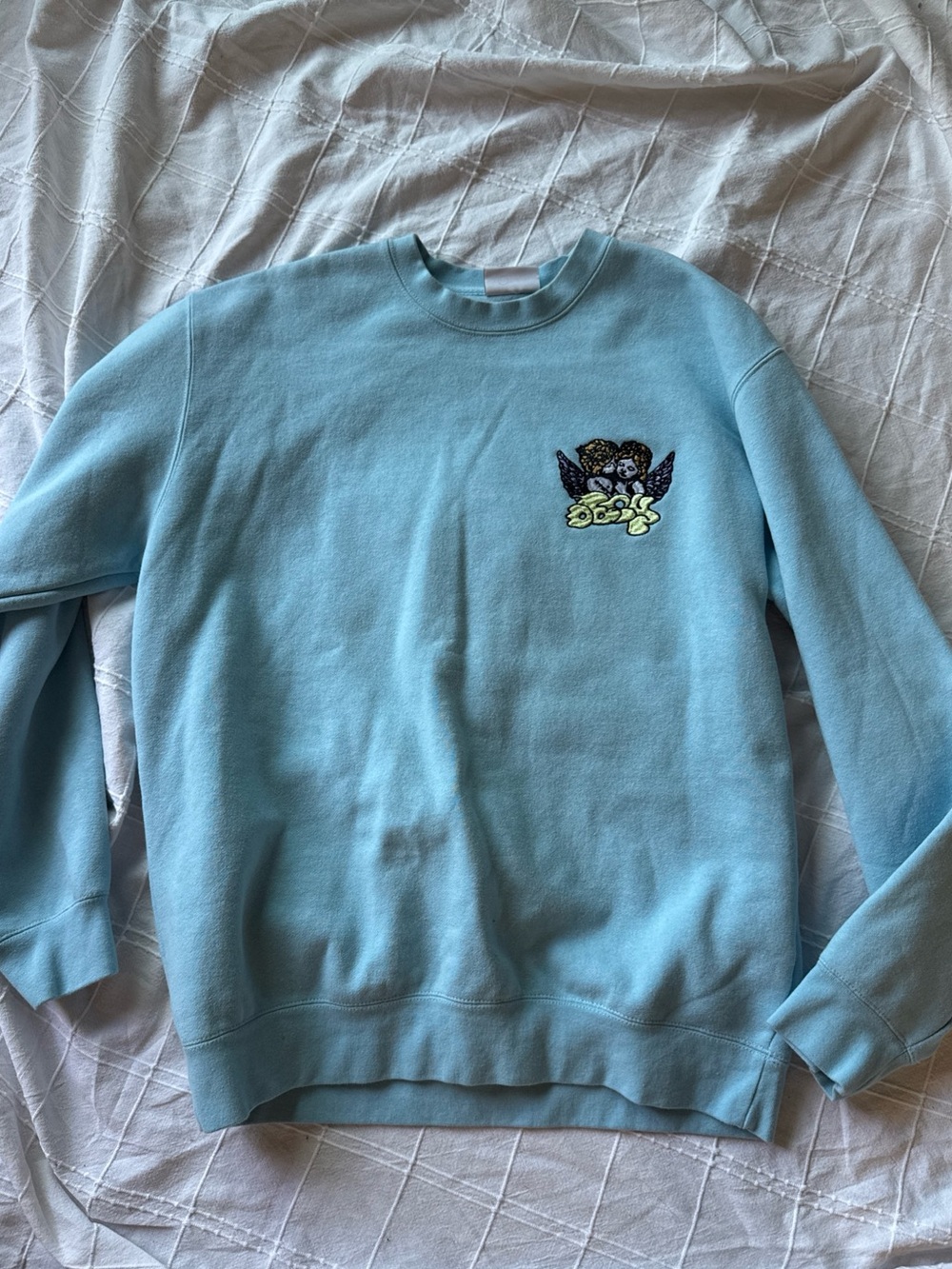 Obey Sky Blue Crewneck Sweater with Cherub Angels Kiss size M - Picture 6 of 8